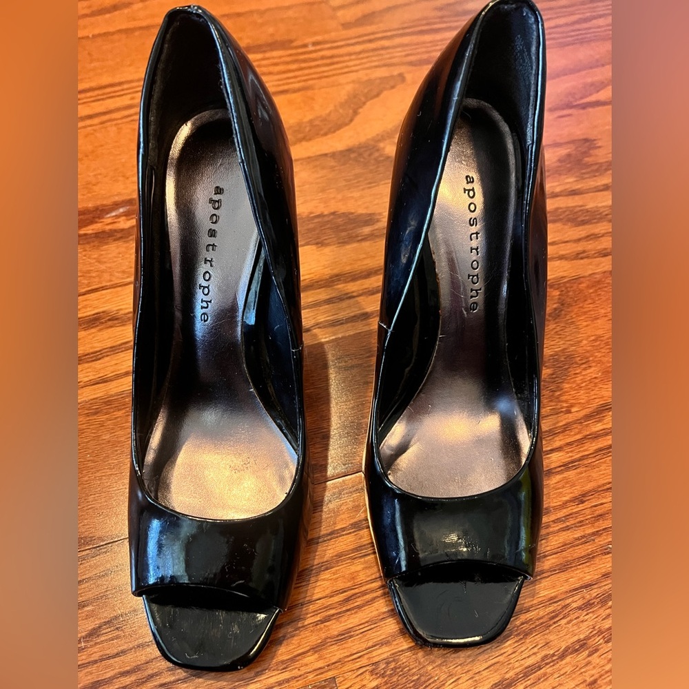Apostrophe Black Patent Open Toe "Desiree"  Pumps Heels, Womens Size 7